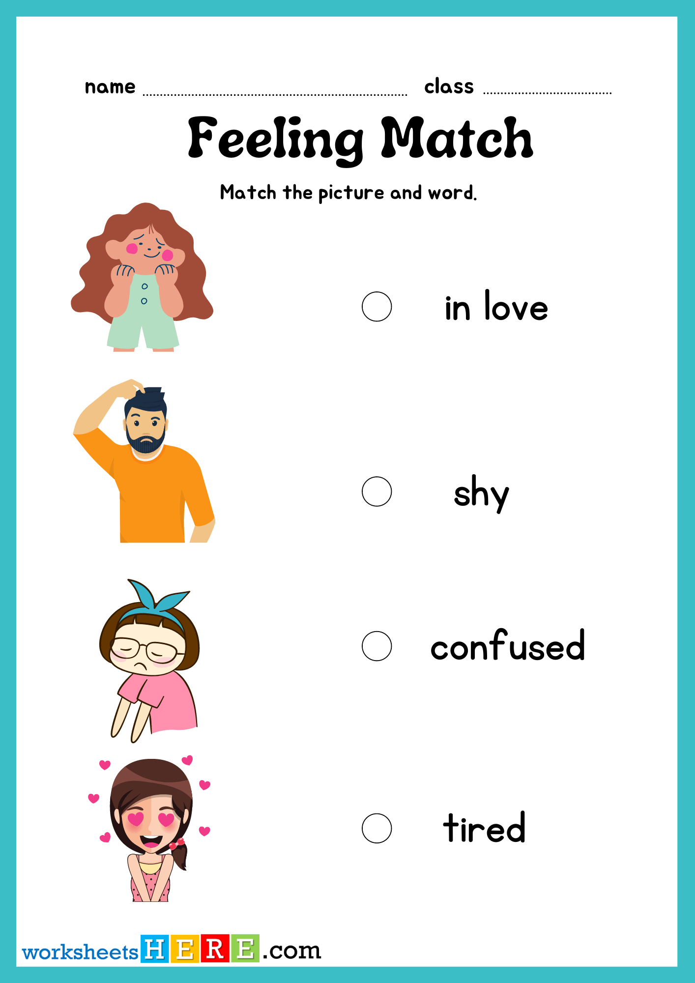 Match Feeling Words with Pictures PDF Worksheets For Students