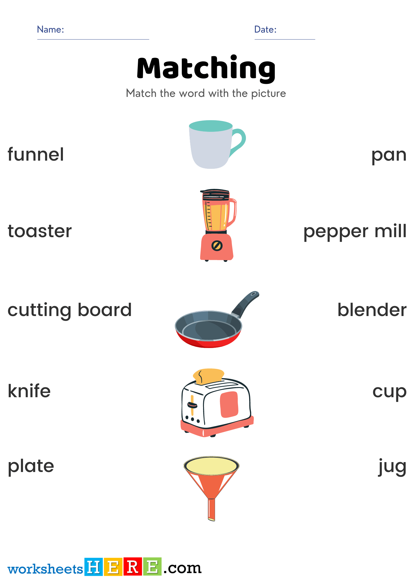 Match Kitchen Tools Names Pictures and Names Activity PDF Worksheets For Kids