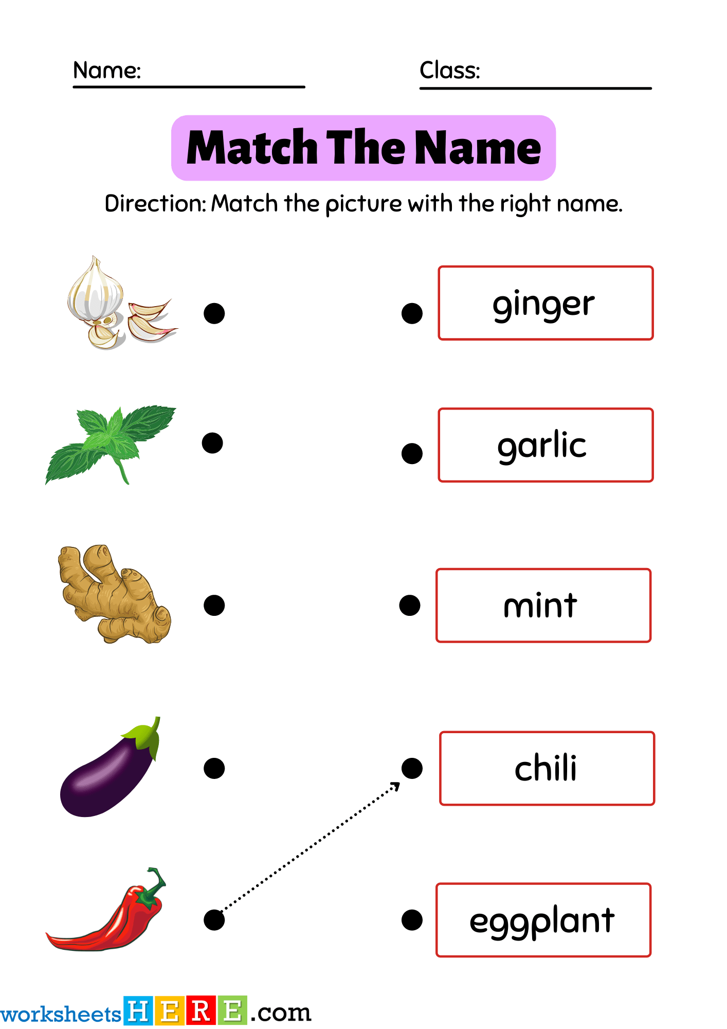 Match The Name with Vegetables Pictures PDF Worksheets For Students