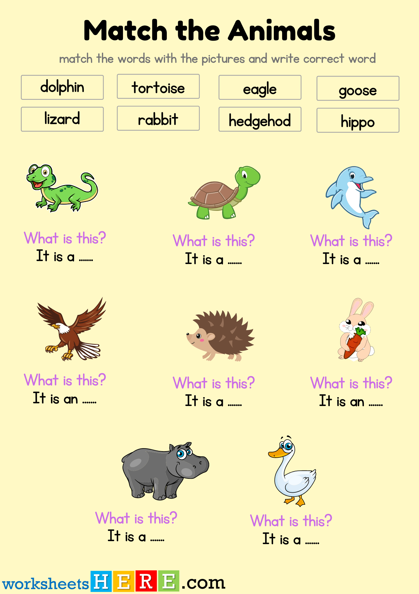 Match the Animals with Pictures, What is this? PDF Worksheet For Kindergarten and Students