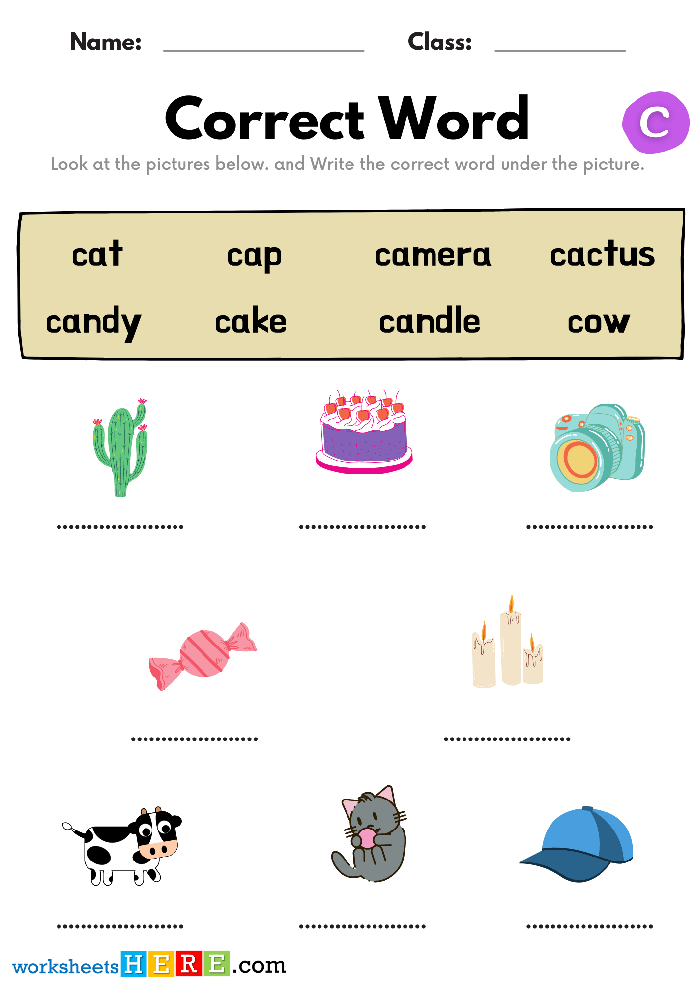 Matching Correct Words With Alphabet C Pictures PDF Worksheets For Kids