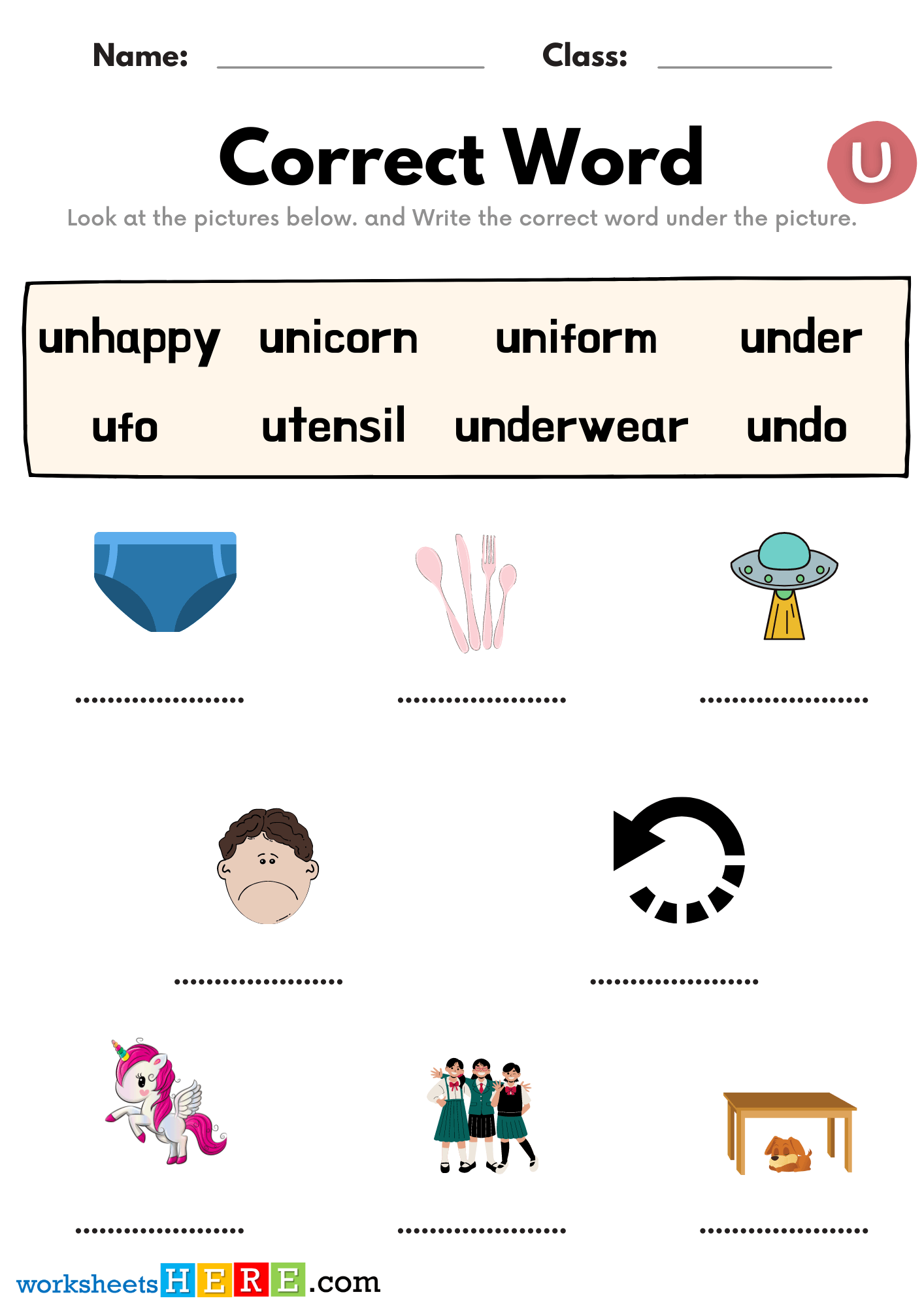 Matching Correct Words With Alphabet U Pictures PDF Worksheets For Kids