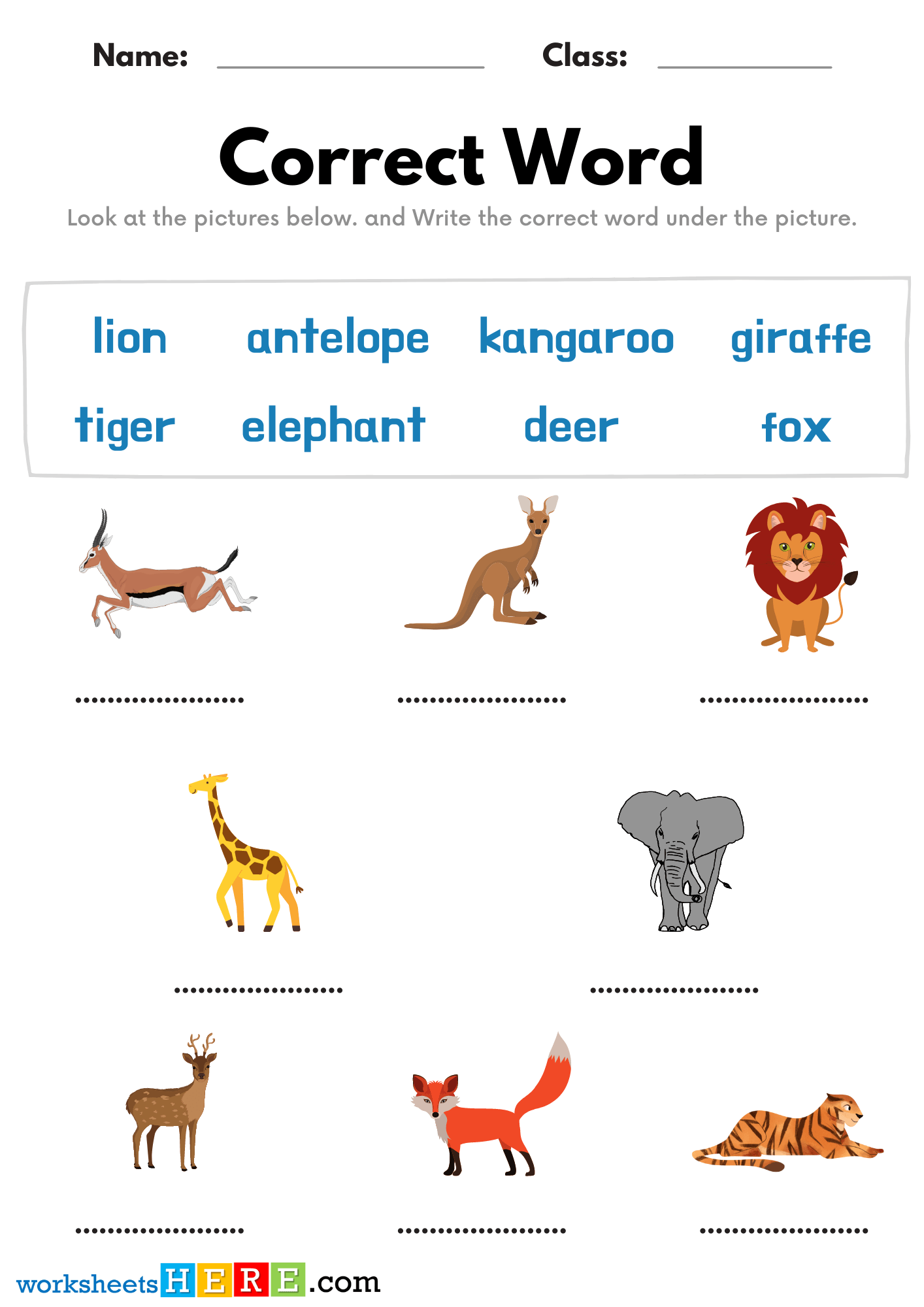 Matching Correct Words With Animals Names Pictures PDF Worksheets For Kids