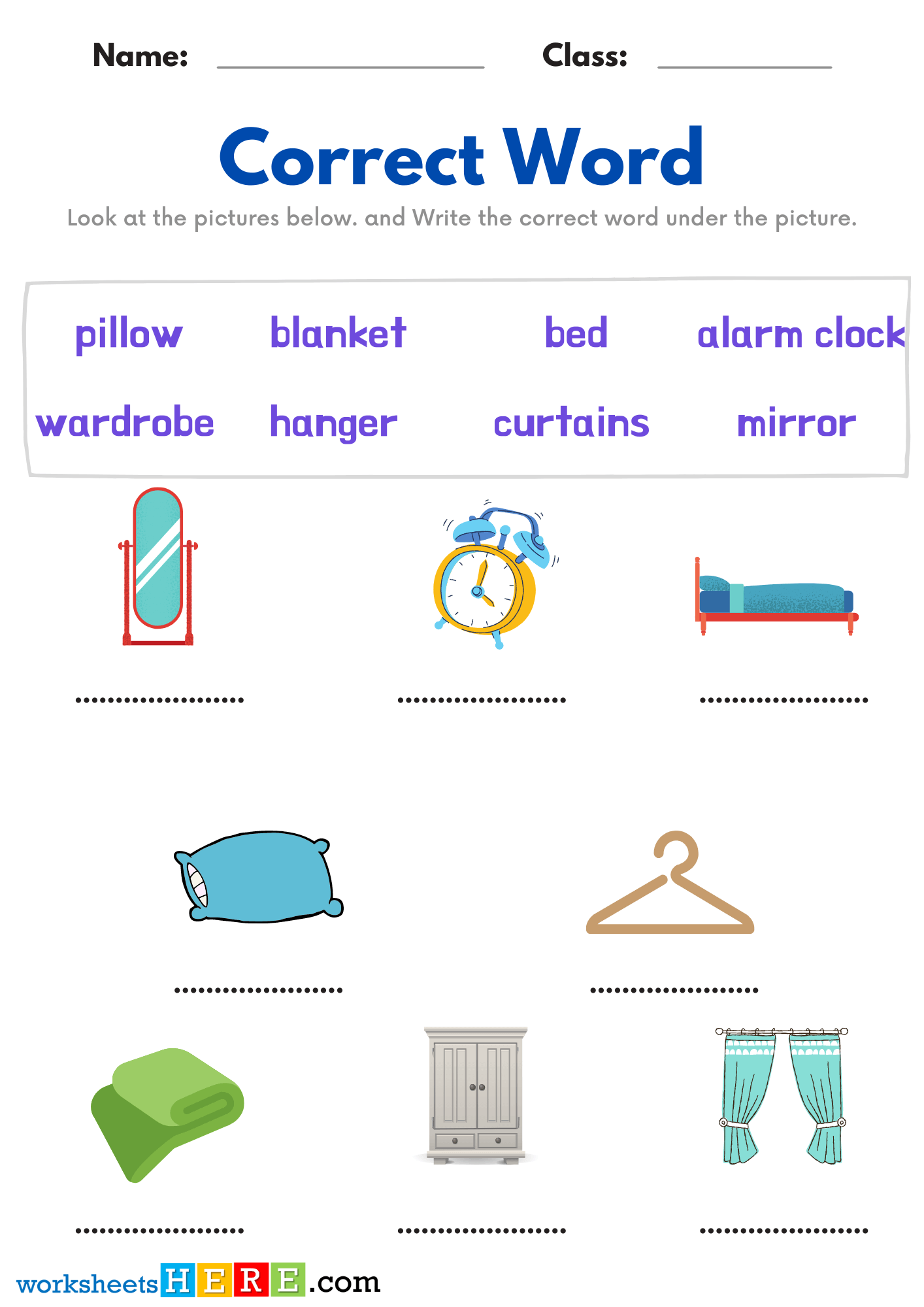Matching Correct Words With Bedroom Objects Pictures PDF Worksheets For Kindergarten