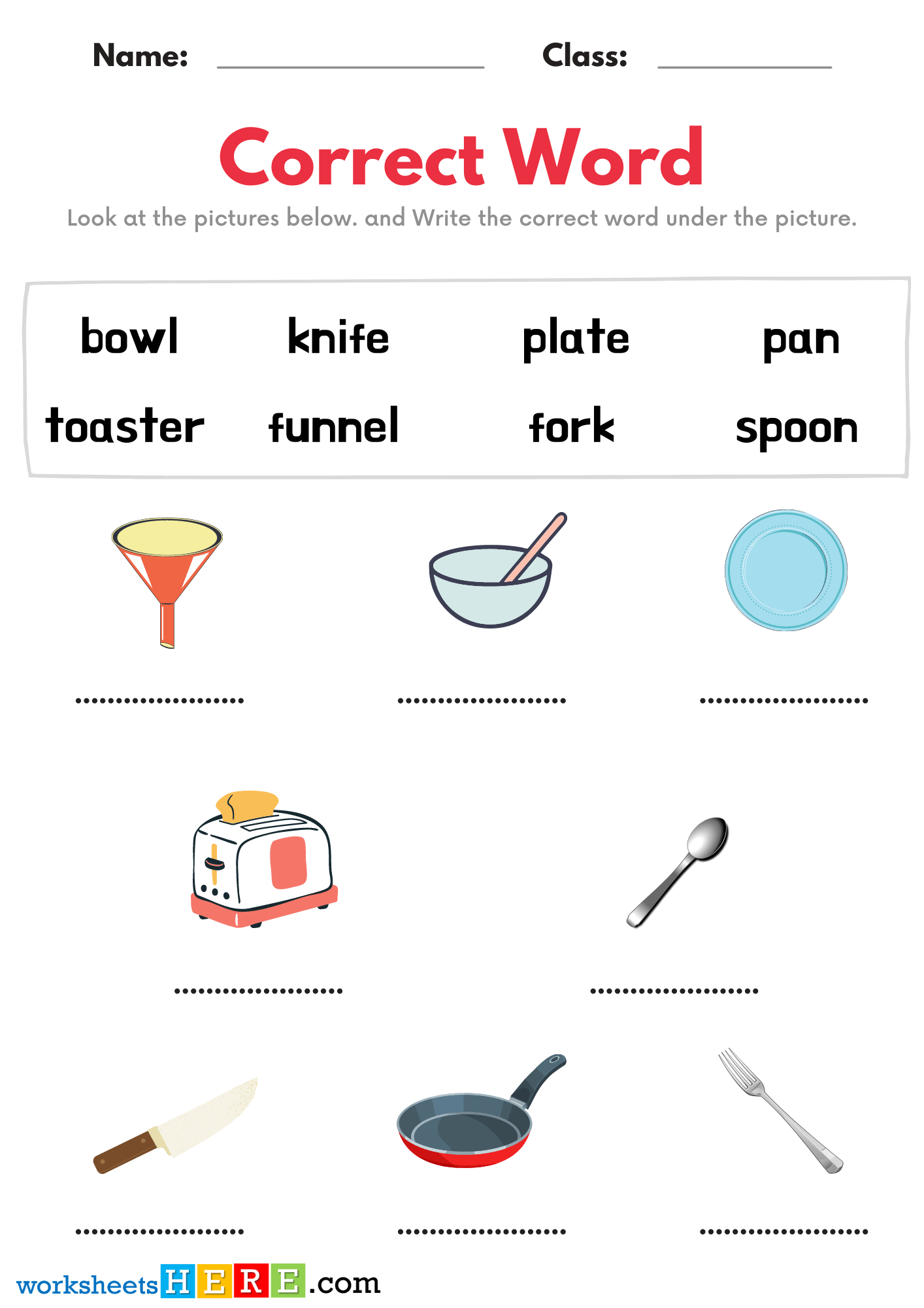 Matching Correct Words With Kitchen Tools Pictures PDF Worksheets For Students