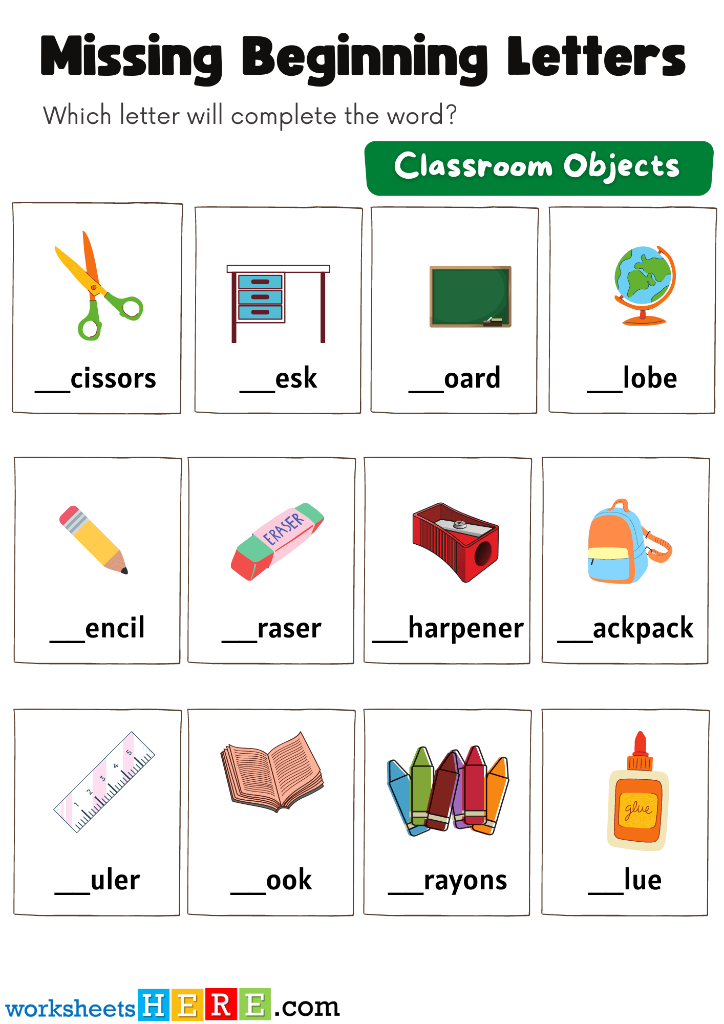 Missing Beginning Letters Activity with Classroom Objects, Free Kids Pdf Worksheets