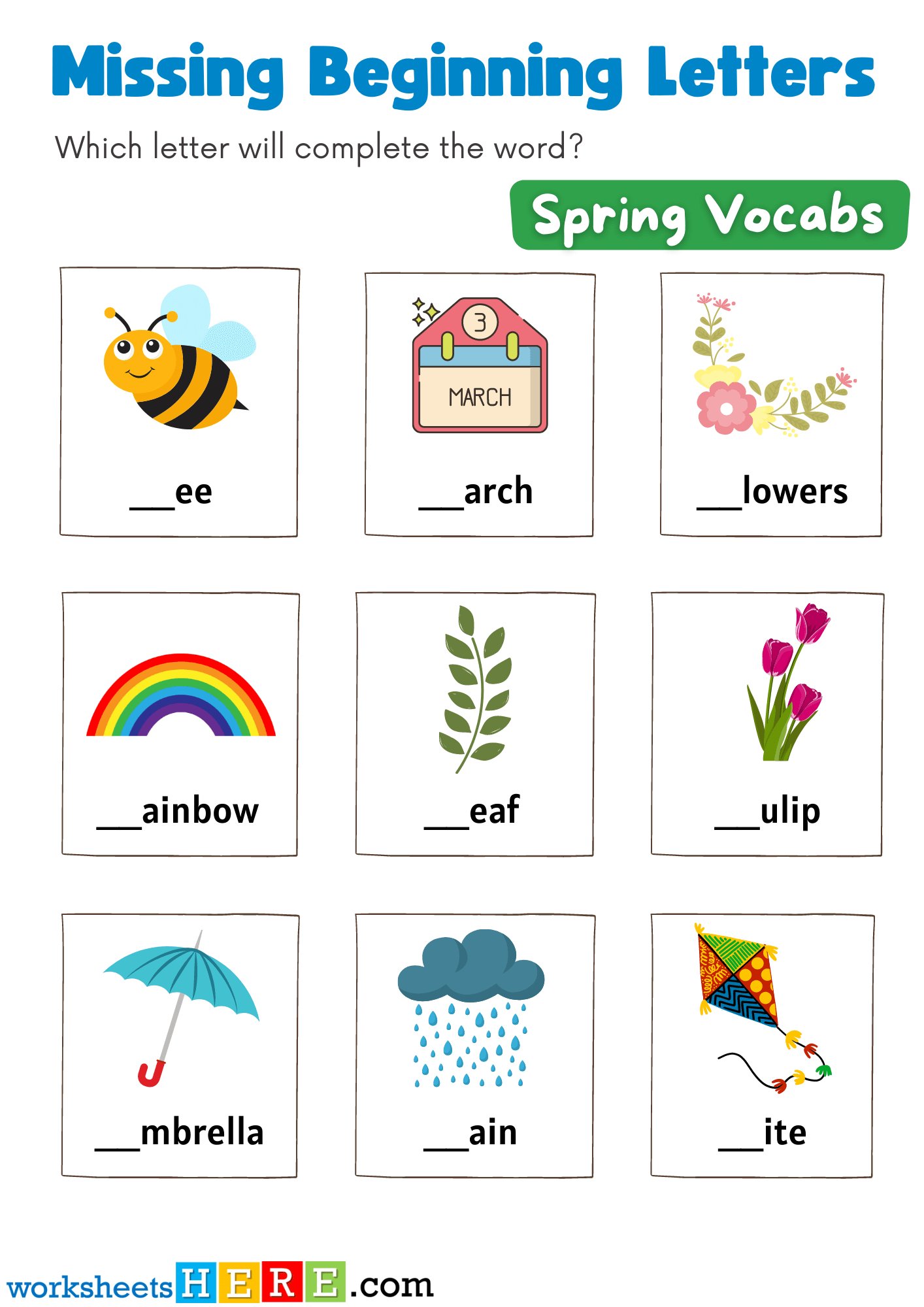 Missing Beginning Letters Activity with Spring Vocabulary, Free Kids Pdf Kids Kindergarten