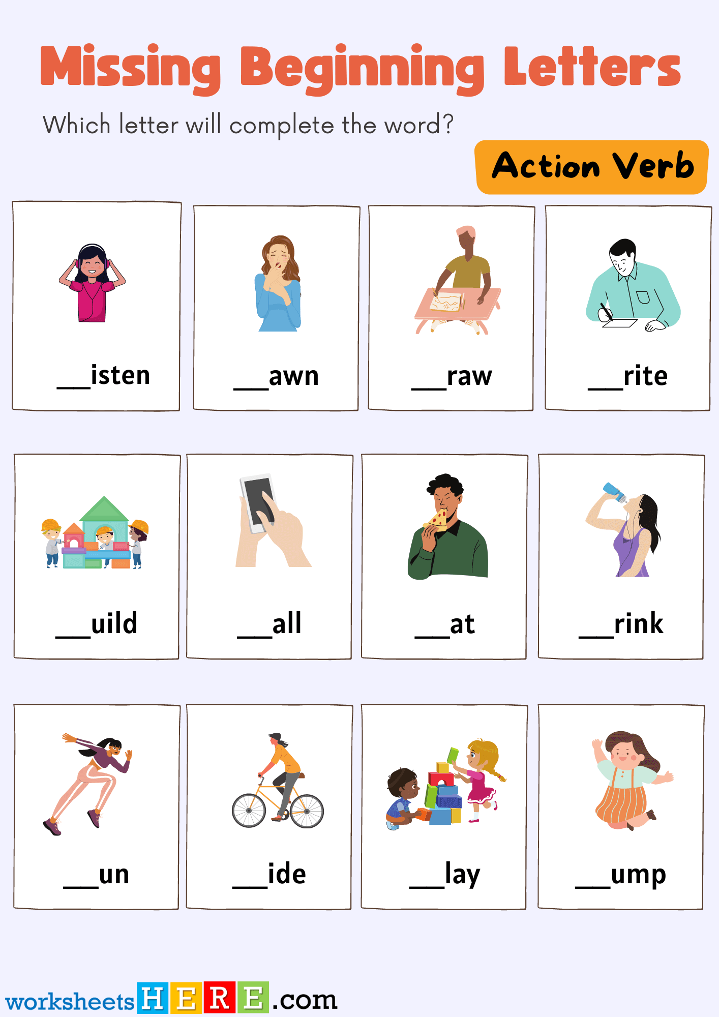 Missing Beginning Letters Activity with Action Verbs, Free Kids Pdf Worksheets