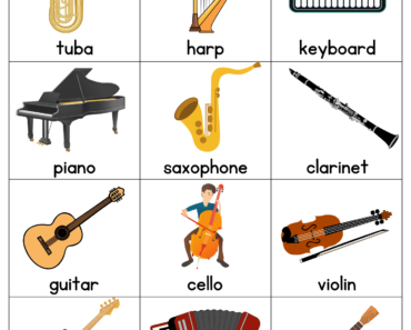 24 Musical Instruments Names with Pictures Flashcards PDF Worksheets For Students