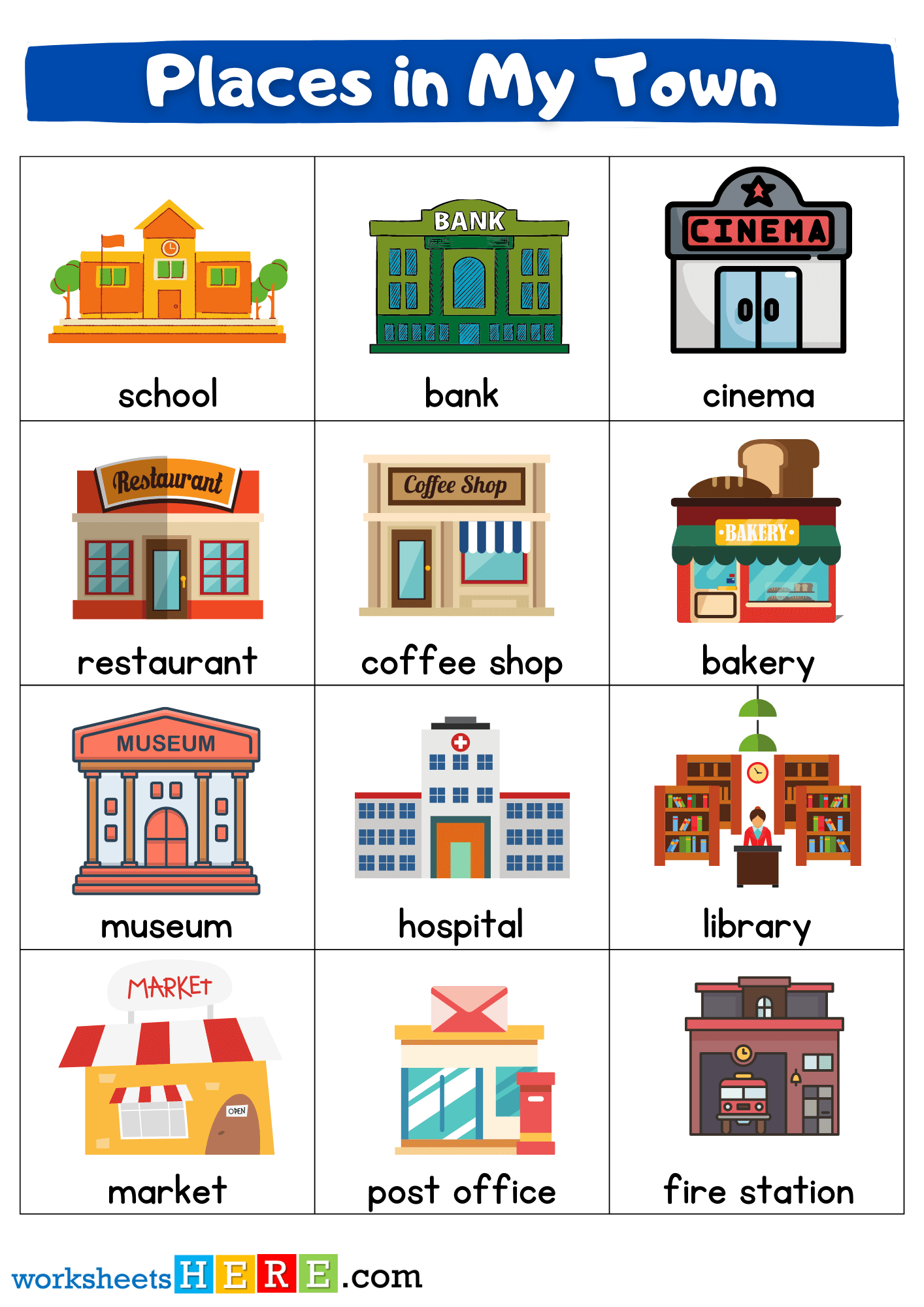 Places in My Town Flashcards, Town City Places Names List with Pictures