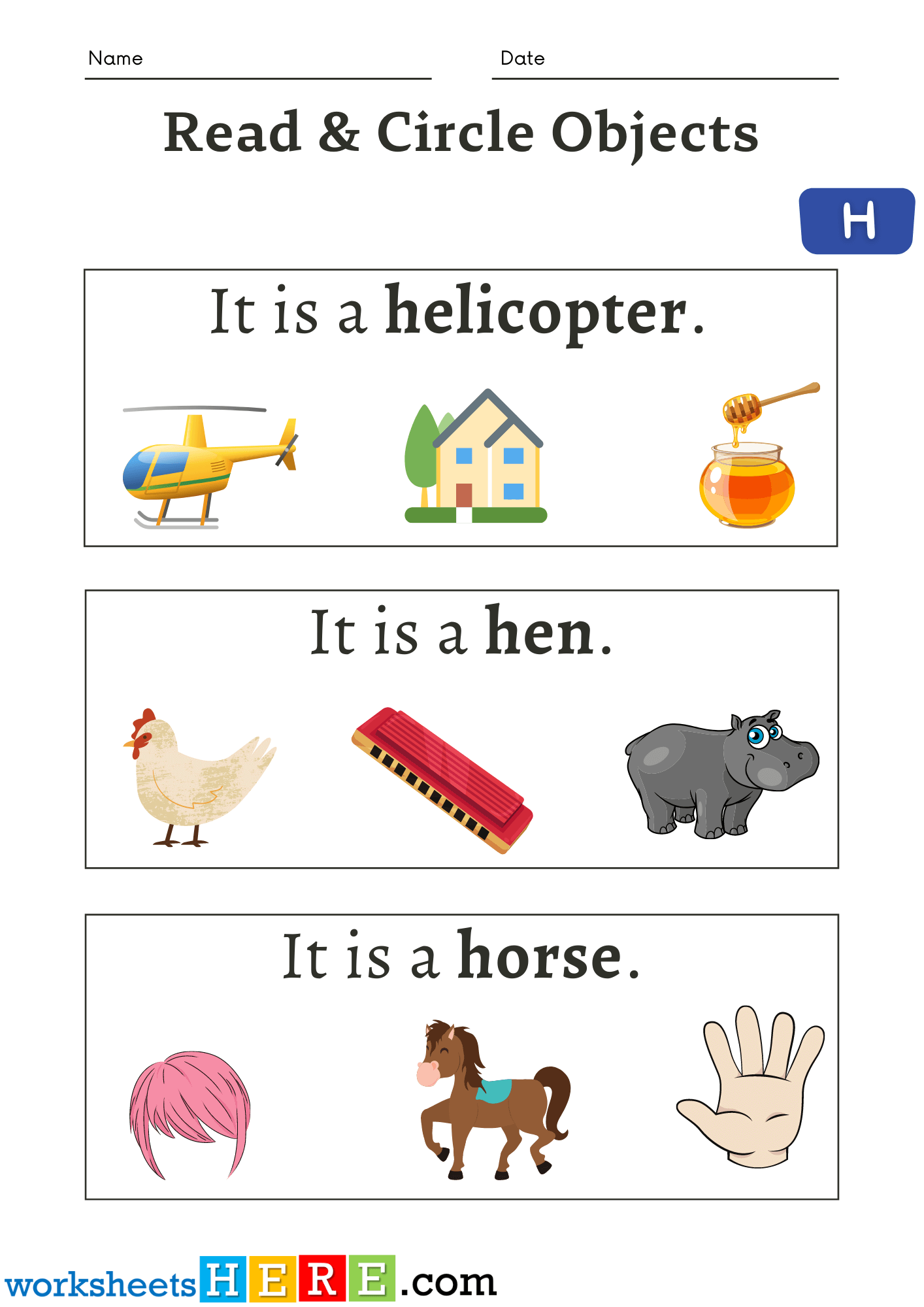 Read Sentences and Circle Objects Starting Letter H Activity Worksheets For Kids