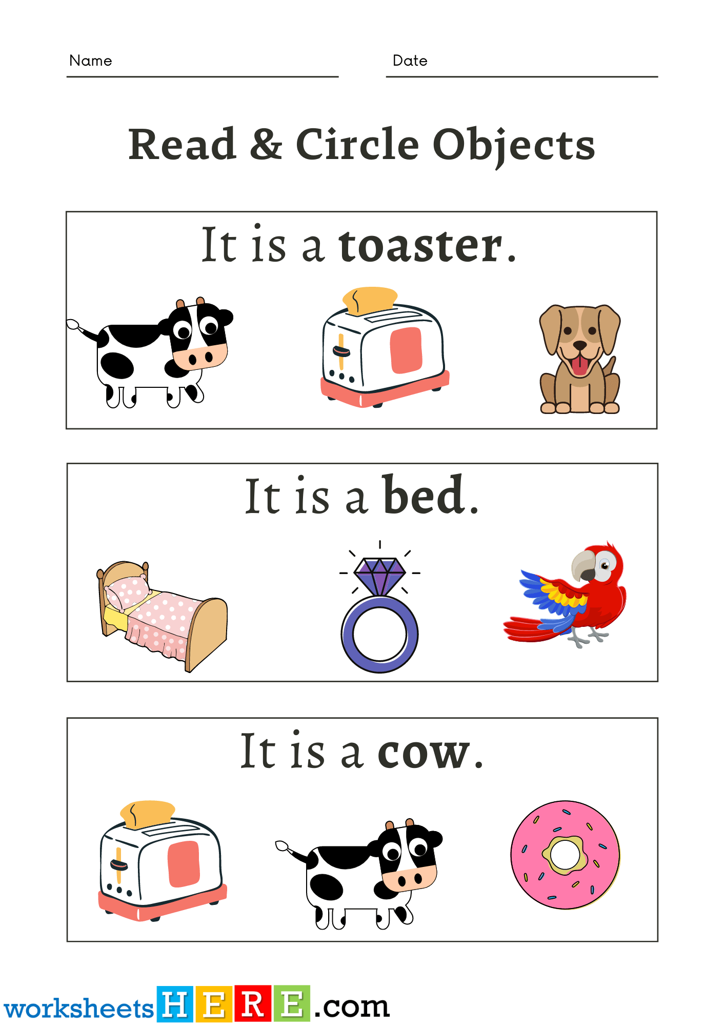 Read Sentences and Circle Toaster, Bed, Cow Activity Worksheets For Kids