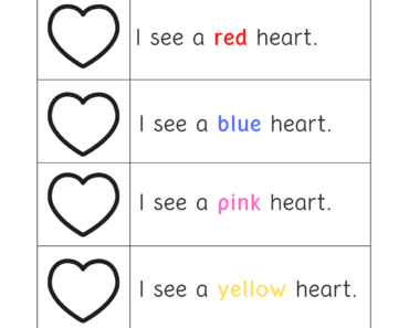 Read Words and Color Hearts Icons Activity PDF Worksheets For Kindergarten