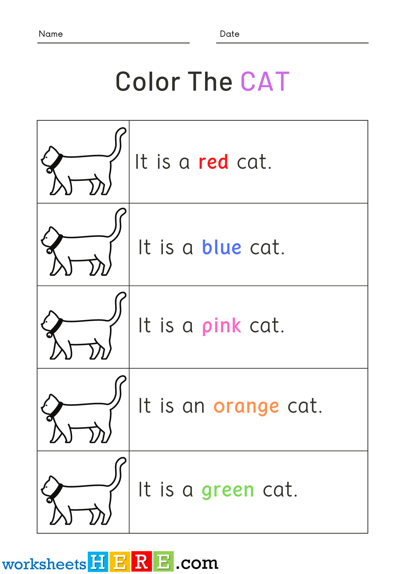 Read Words and Color Cat Pictures Activity PDF Worksheets For Kindergarten