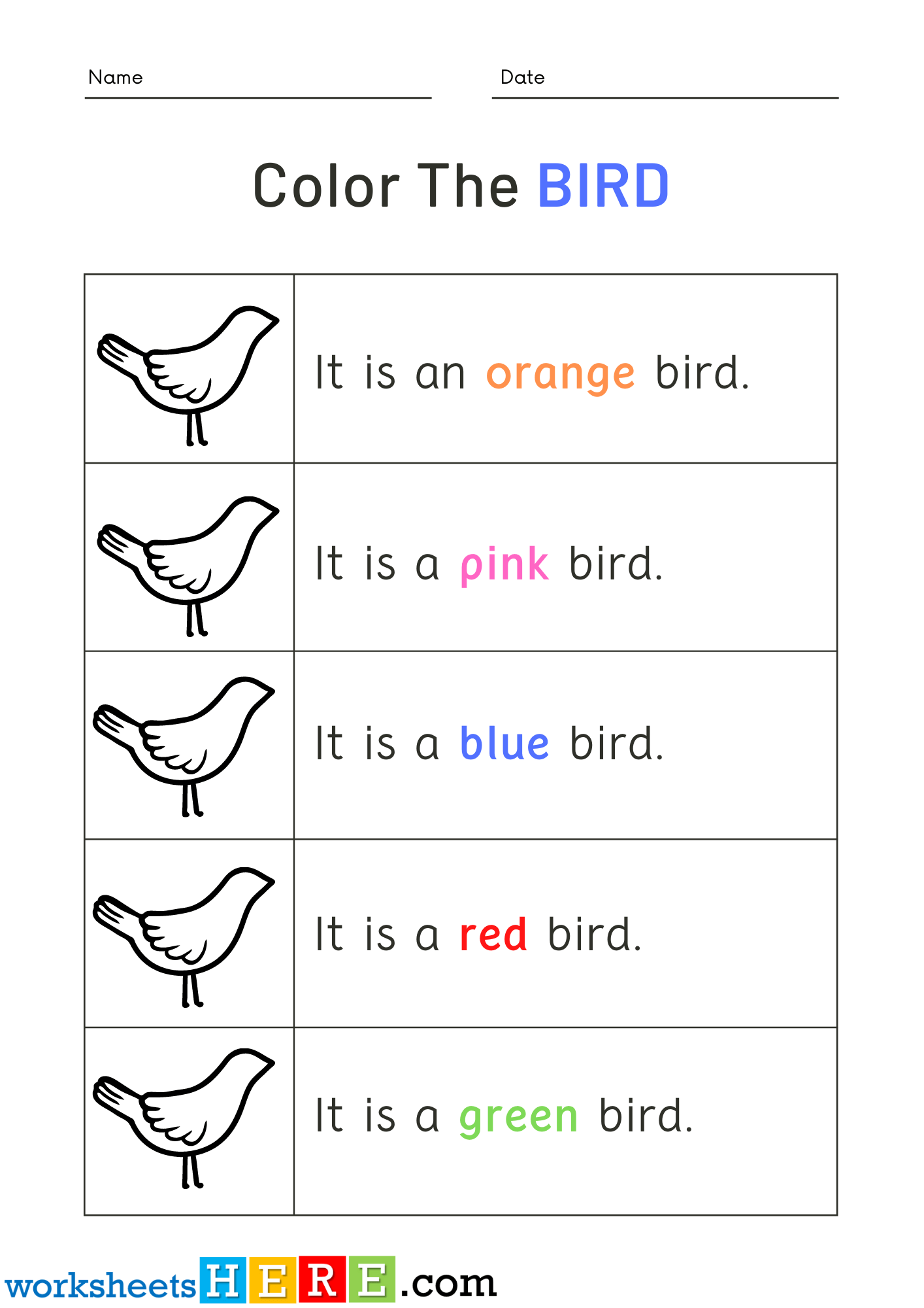 Read Words and Color Bird Pictures Activity PDF Worksheets For Kindergarten