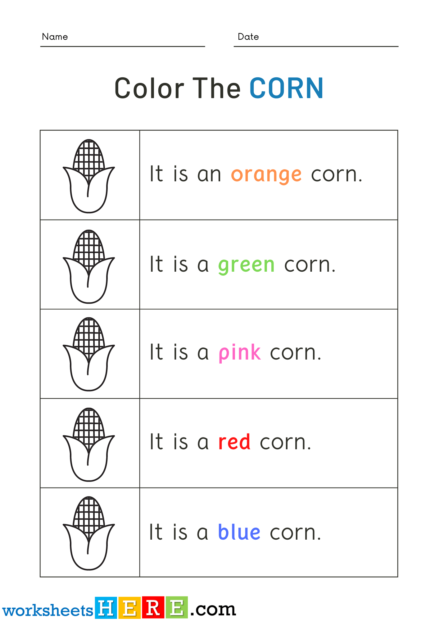 Read Words and Color Corn Pictures Activity PDF Worksheets For Kindergarten