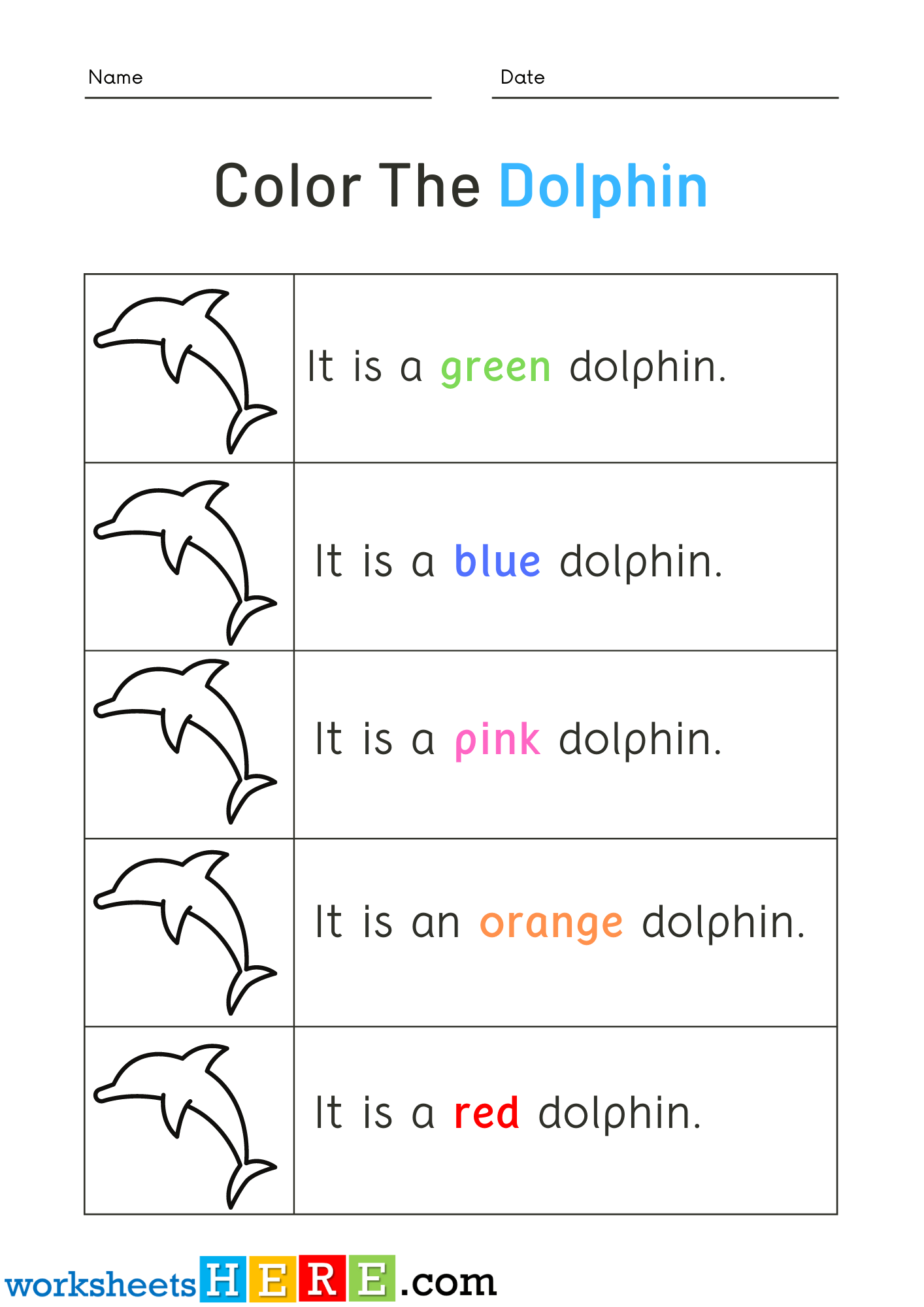 Read Words and Color Dolphin Pictures Activity PDF Worksheets For Kindergarten