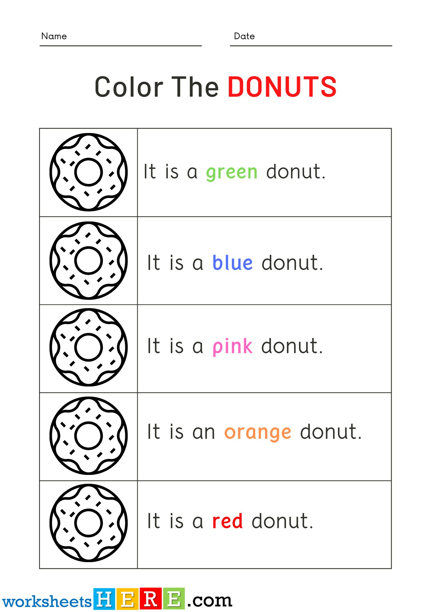 Read Words and Color Donuts Pictures Activity PDF Worksheets For Kindergarten