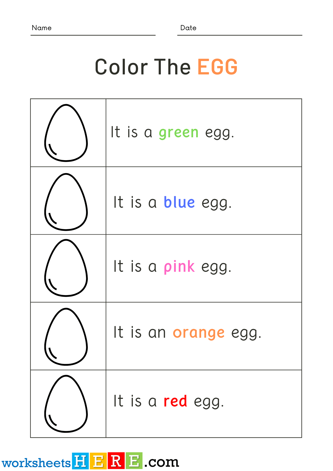 Read Words and Color Egg Pictures Activity PDF Worksheets For Kindergarten