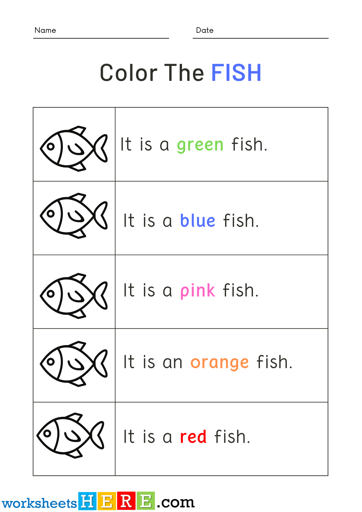 Read Words and Color Fish Pictures Activity PDF Worksheets For Kindergarten
