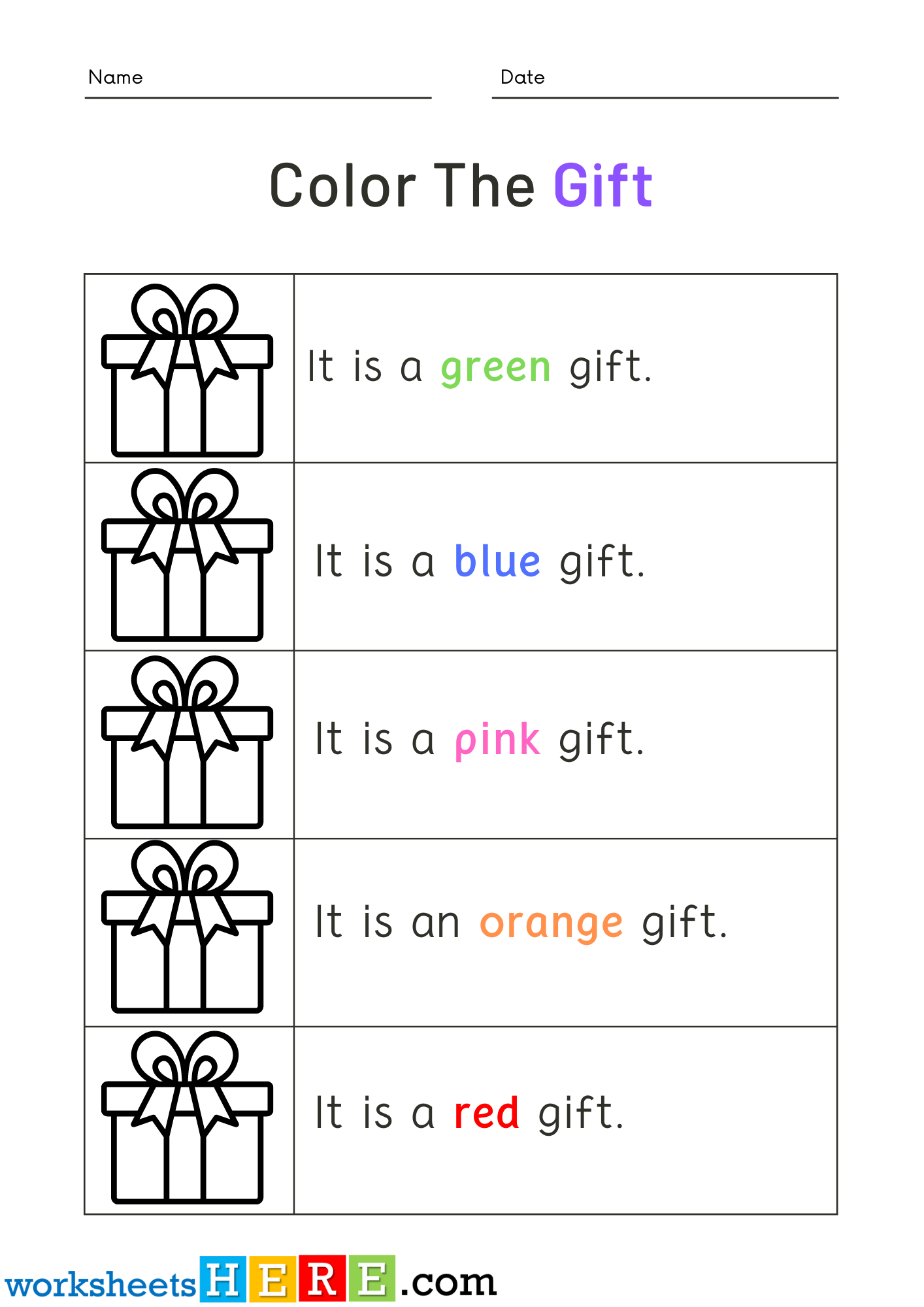 Read Words and Color Gift Pictures Activity PDF Worksheets For Kindergarten