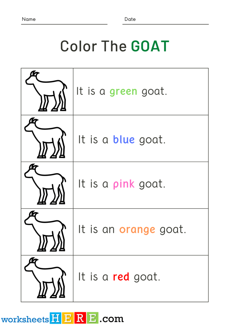 Read Words and Color Goat Pictures Activity PDF Worksheets For ...