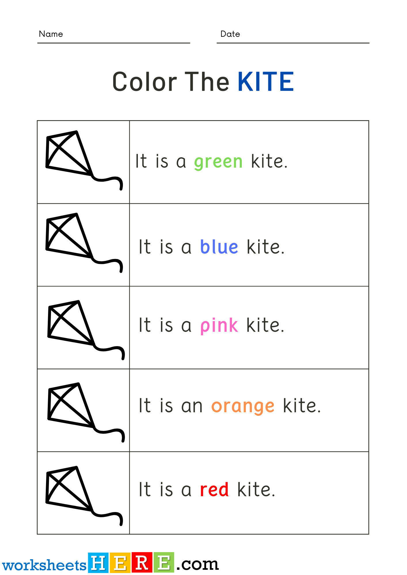Read Words and Color Kite Pictures Activity PDF Worksheets For Kindergarten