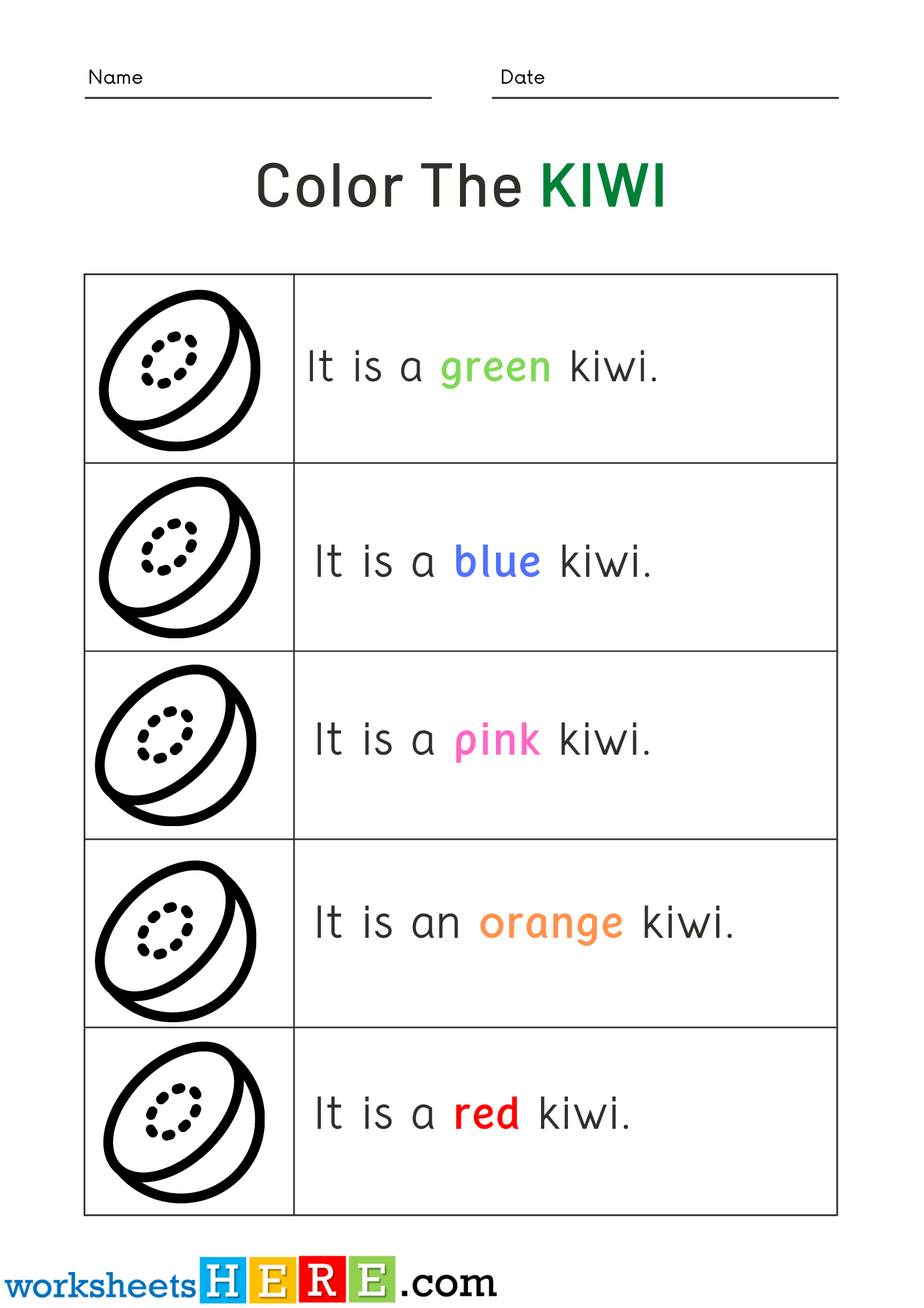 Read Words and Color Kiwi Pictures Activity PDF Worksheets For Kindergarten
