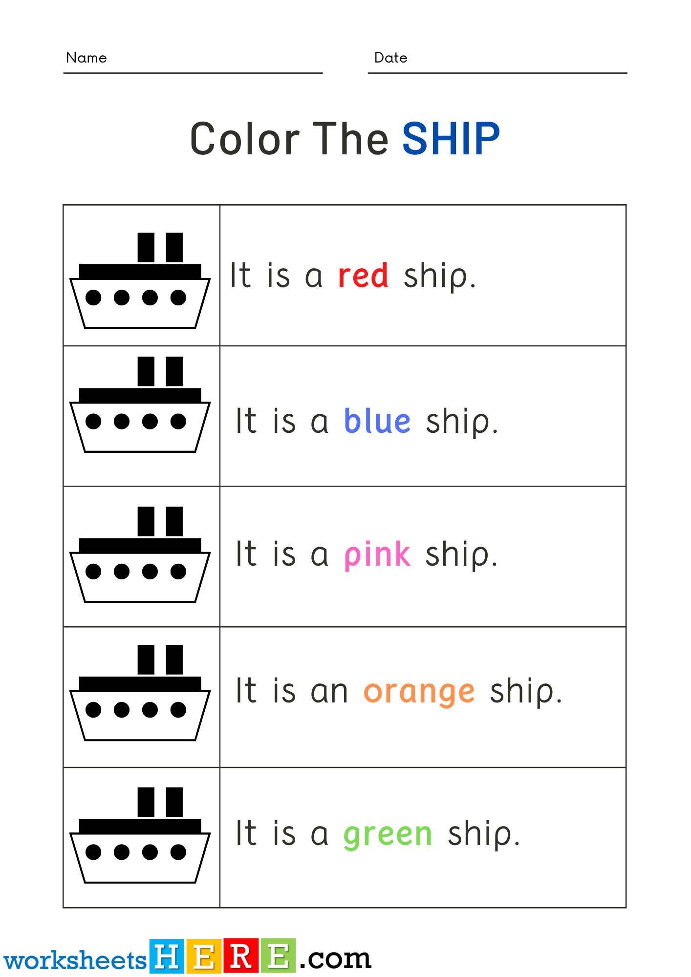 Read Words and Color Ship Pictures Activity PDF Worksheets For Kindergarten