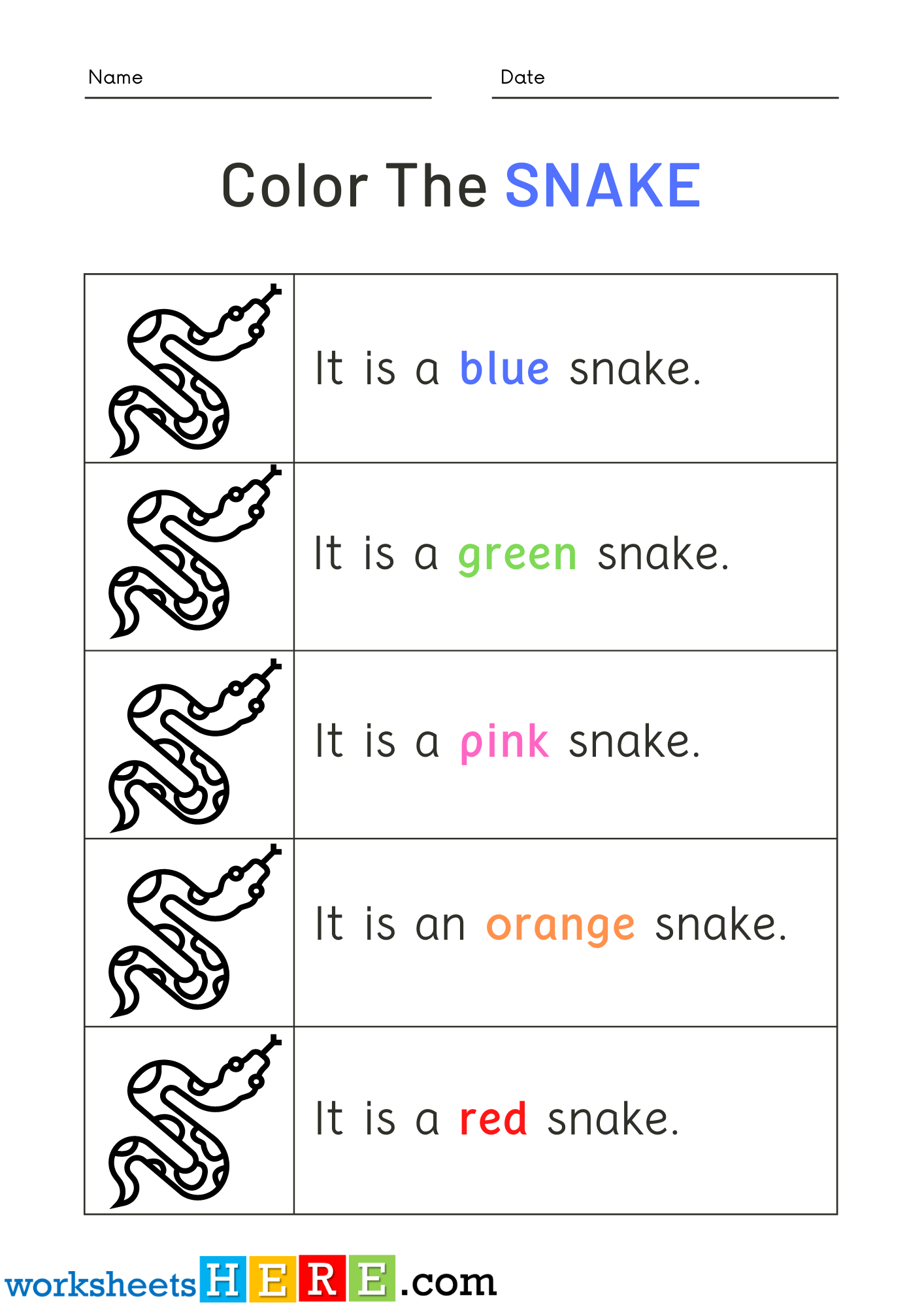 Read Words and Color Snake Pictures Activity PDF Worksheets For Kindergarten