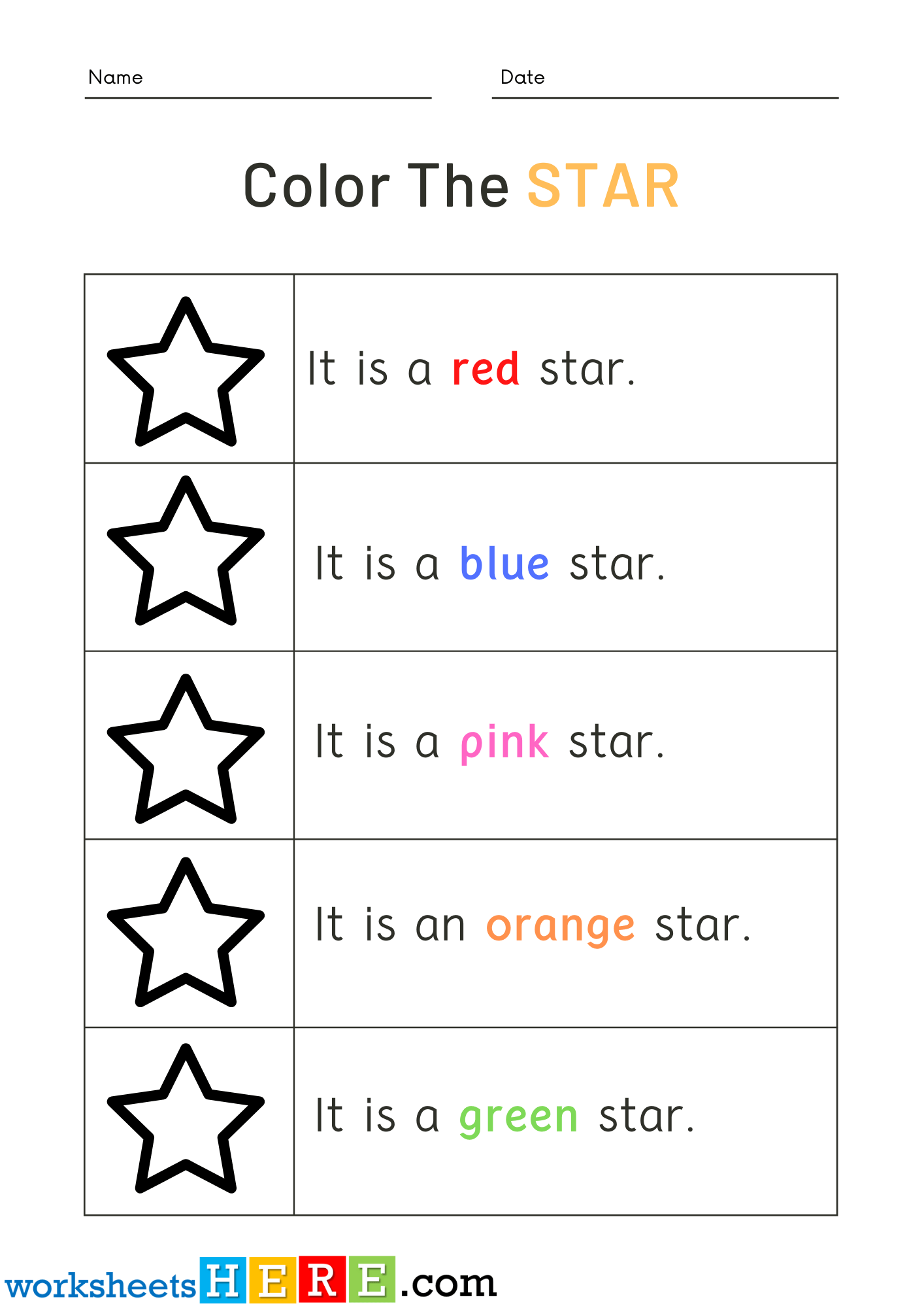 Read Words and Color Stars Pictures Activity PDF Worksheets For Kindergarten