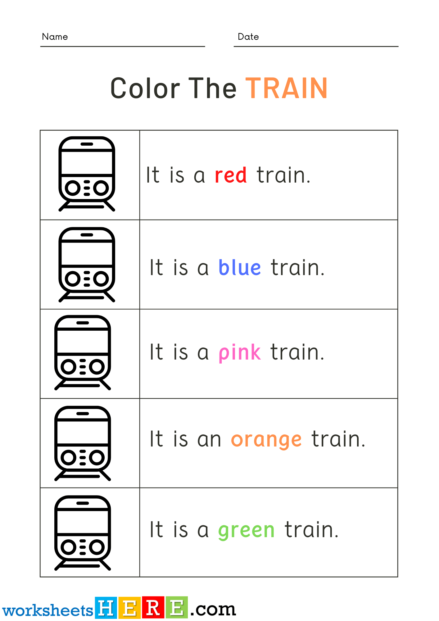 Read Words and Color Train Pictures Activity PDF Worksheets For Kindergarten