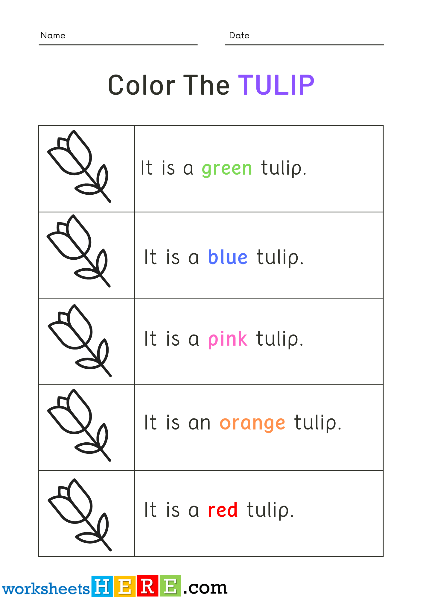 Read Words and Color Tulip Pictures Activity PDF Worksheets For Kindergarten