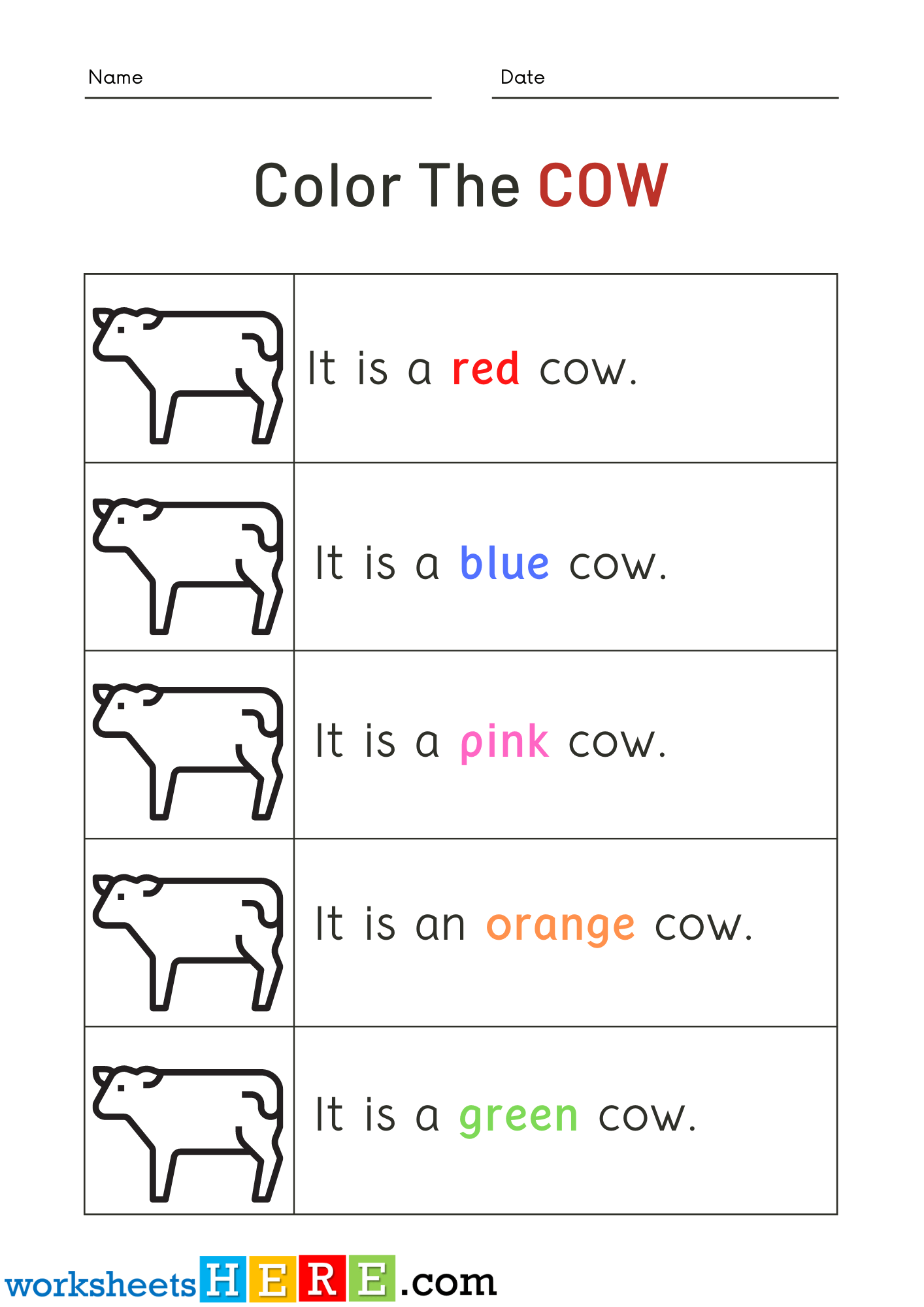 Read Words and Color Cow Pictures Activity PDF Worksheets For Kindergarten