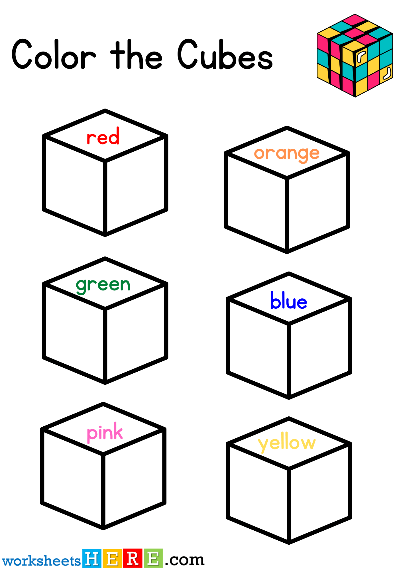 Read and Color Cubes Pictures Activity PDF Worksheets For Kindergarten