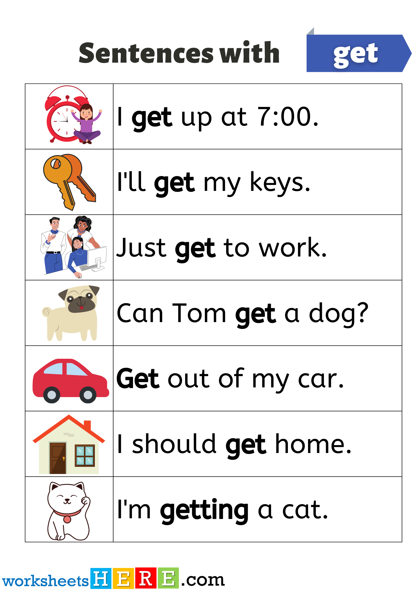Sentences with Get, Example Sentences with Get Pictures PDF Worksheet For Kids
