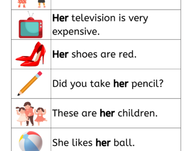 Sentences with Her, Example Sentences with Her Pictures PDF Worksheet For Kids