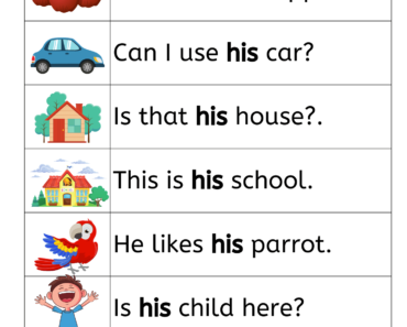 Sentences with His, Example Sentences with His Pictures PDF Worksheet For Kids