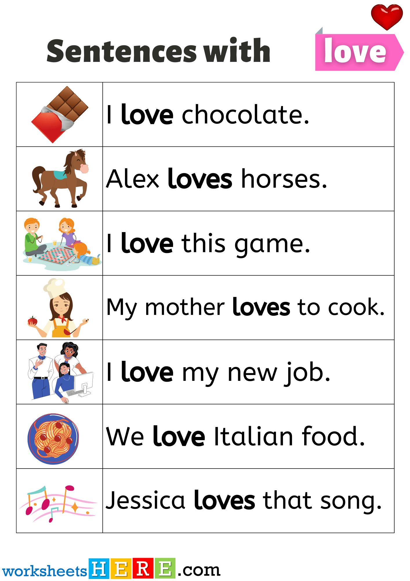 Sentences with Love, Example Sentences with Love Pictures PDF Worksheet For Kids