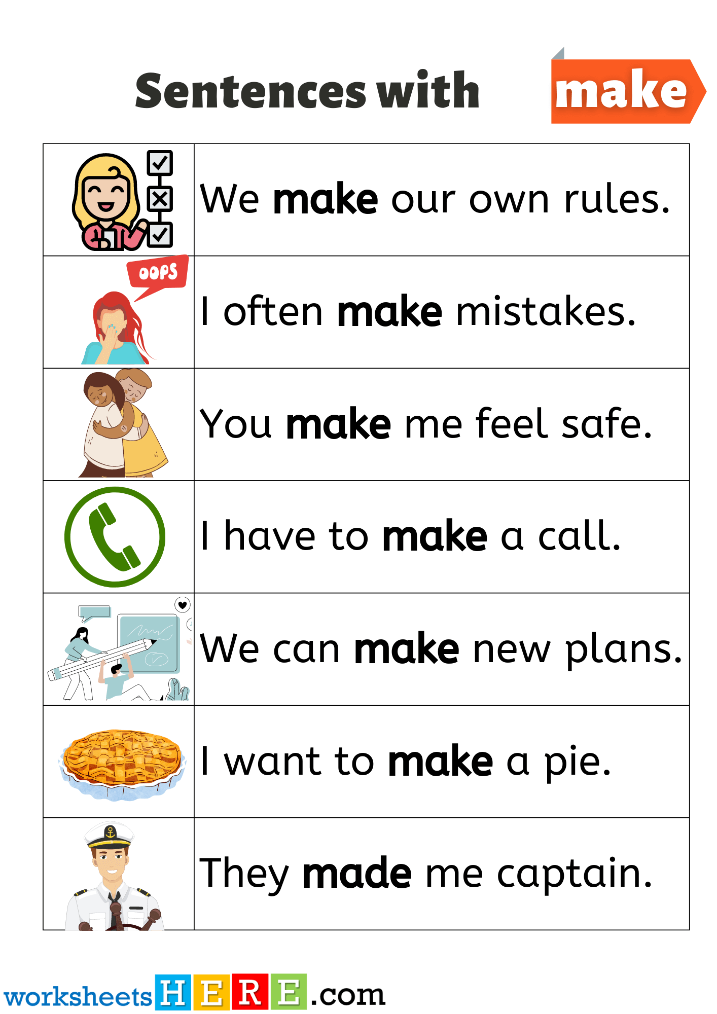 Sentences with Make, Example Sentences with Make Pictures PDF Worksheet For Kids
