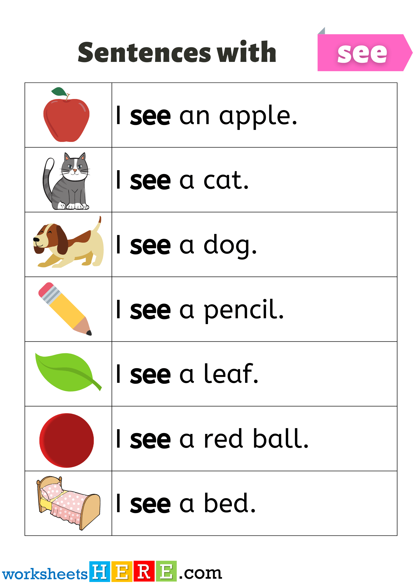 Sentences With See Example Sentences With See Pictures PDF Worksheet 