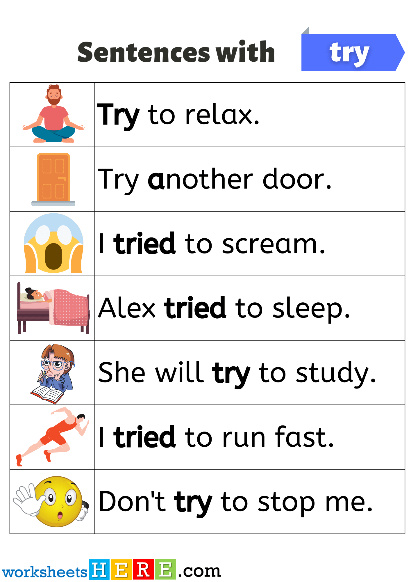 Sentences with Try, Example Sentences with Try Pictures PDF Worksheet For Kids