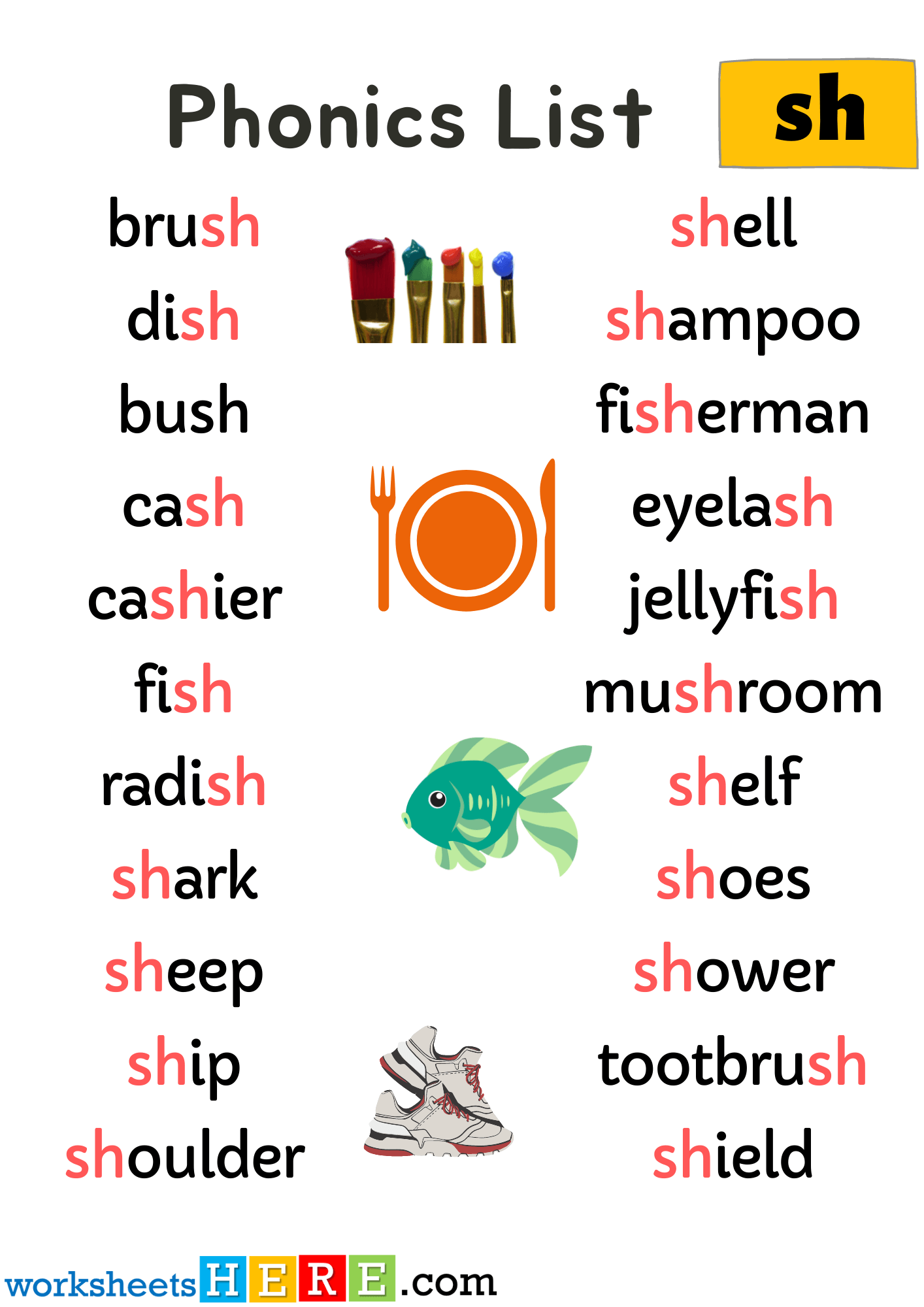 Spelling Phonics ‘sh’ Sounds PDF Worksheet For Kids and Students