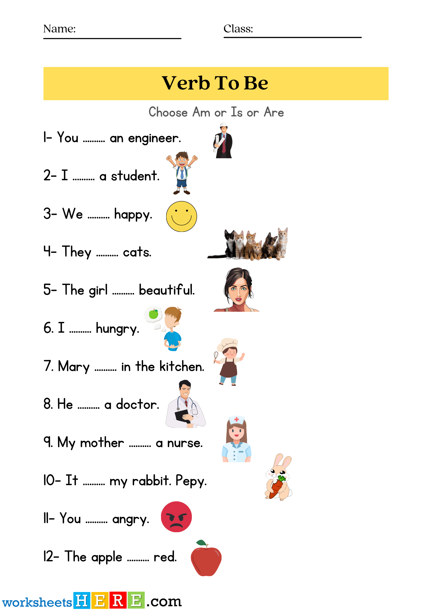 To Be Verb Sentences Exercises Worksheets with Pictures, Am is Are Pdf Worksheets