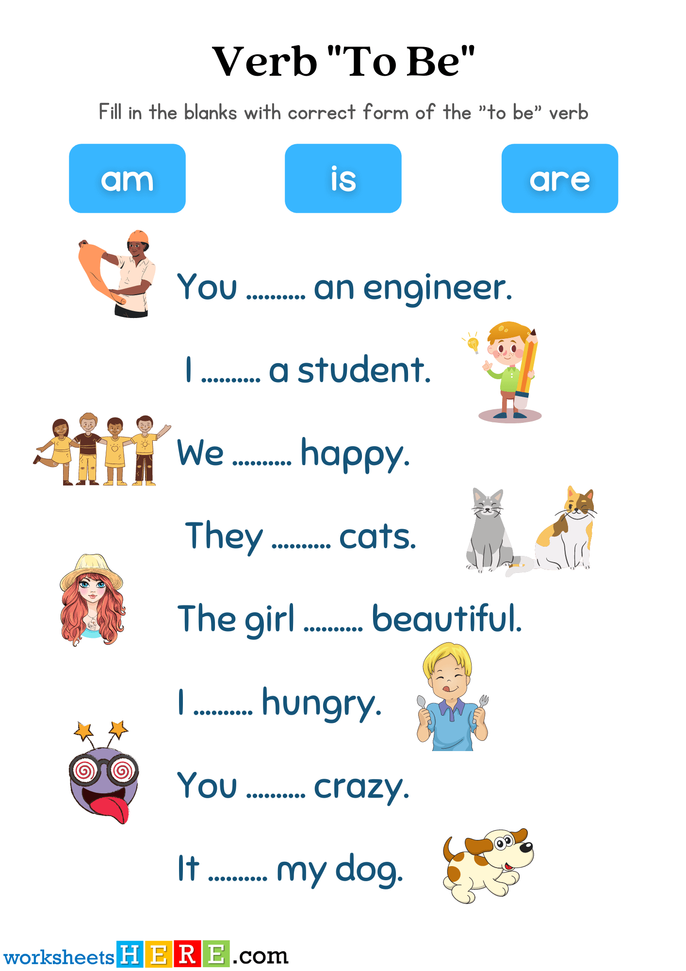 To Be Verb Worksheets with Pictures, Am is Are Pdf Worksheets