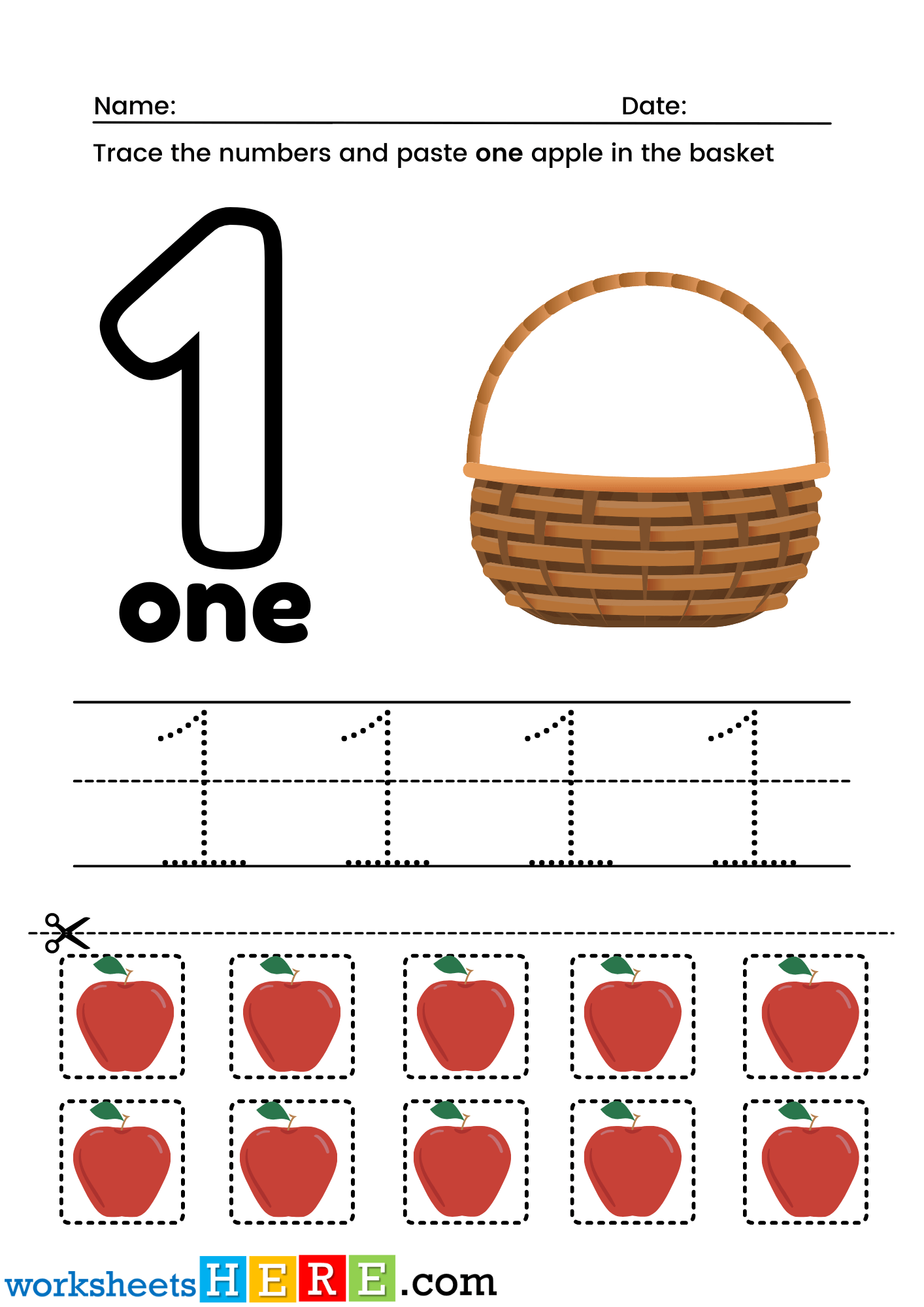Trace Number 1, Cut and Past One Apple in the Basket PDF Worksheets For Kindergarten