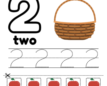 Trace Number 2, Cut and Past Two Apples in the Basket PDF Worksheets For Kindergarten