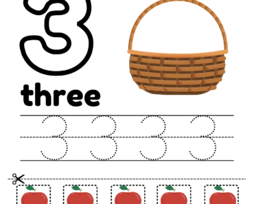 Trace Number 3, Cut and Past Three Apples in the Basket PDF Worksheets For Kindergarten