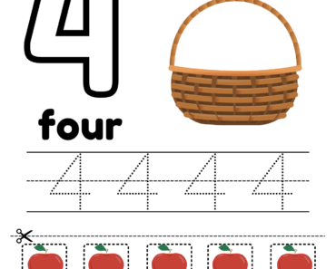 Trace Number 4, Cut and Past Four Apples in the Basket PDF Worksheets For Kindergarten