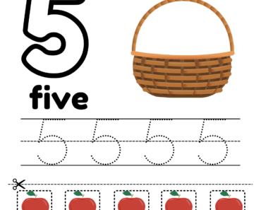Trace Number 5, Cut and Past Five Apples in the Basket PDF Worksheets For Kindergarten